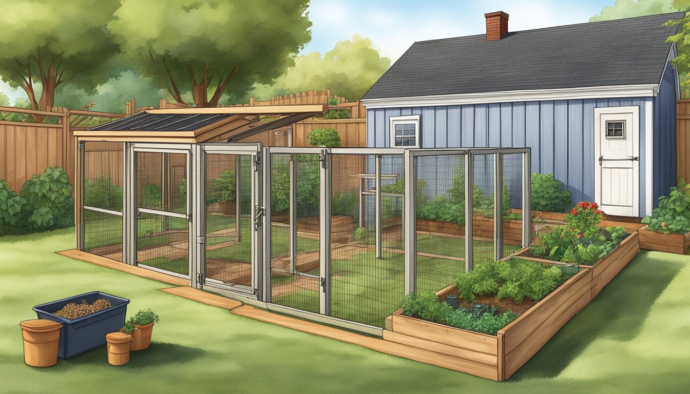 A suburban backyard with a small chicken coop, a fenced-in area for the chickens to roam, a vegetable garden, and a compost bin