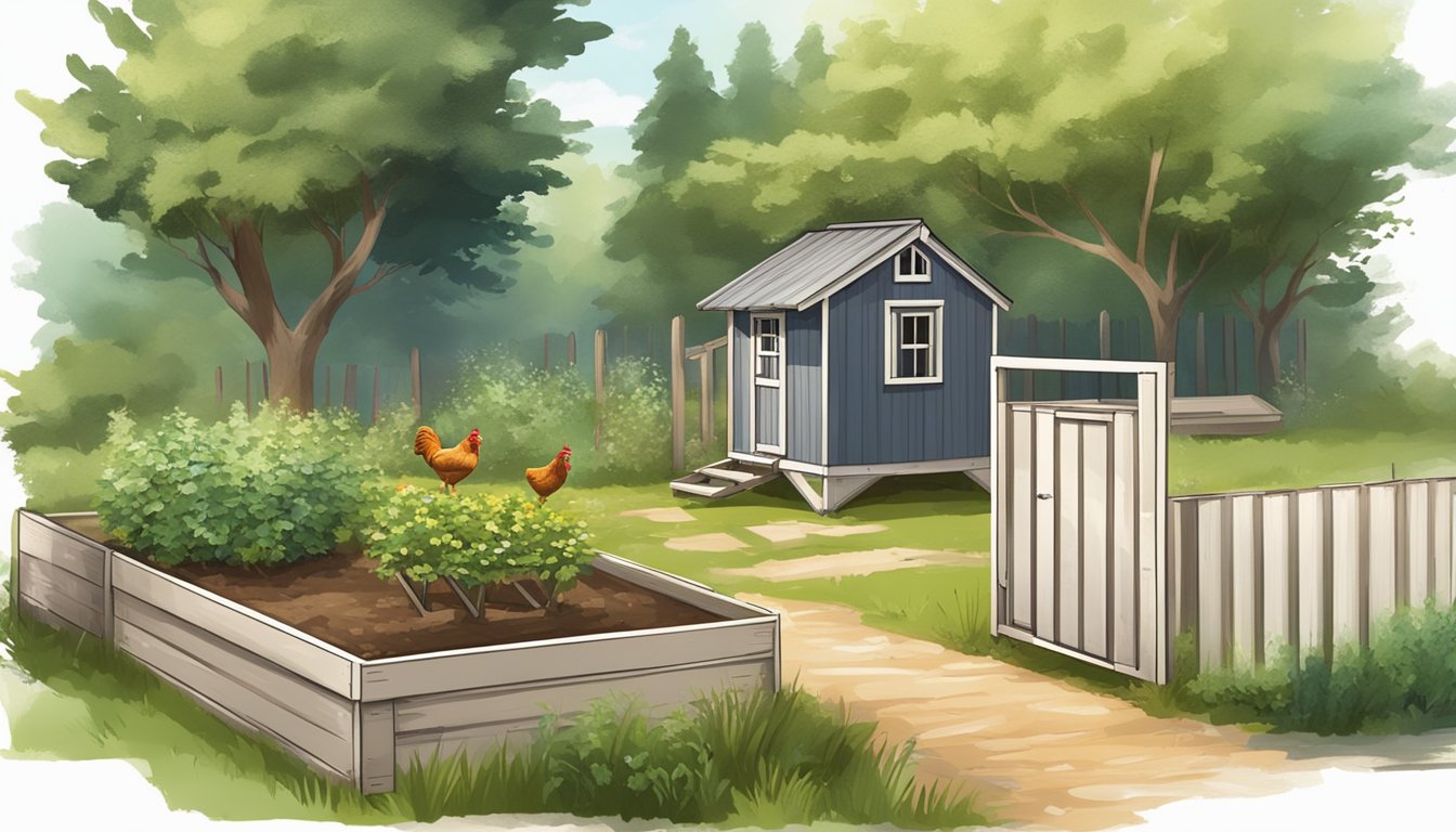 A rural backyard with a raised wooden chicken coop surrounded by greenery and a gravel path leading to it