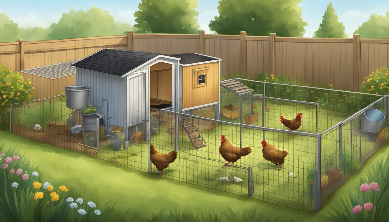 A suburban backyard with a small chicken coop, feeding and watering stations, a fenced-in area for the chickens to roam, and a composting area for waste