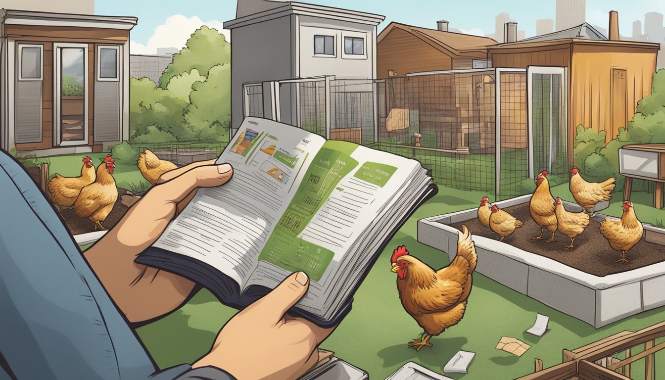 A person reading a booklet titled "Check Local Regulations 10 steps to starting your own urban chicken flock" while surrounded by city buildings and a small backyard with a chicken coop