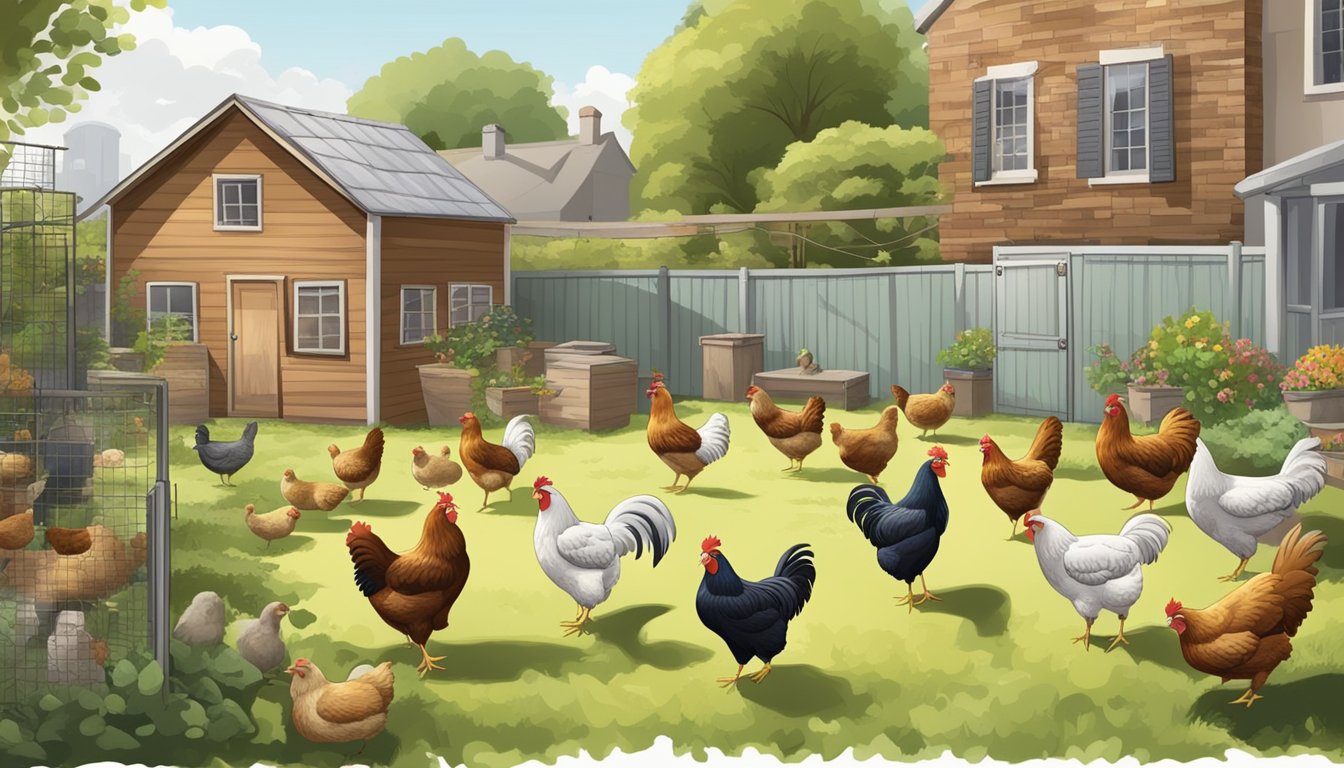 A backyard with a small coop, a flock of urban chickens roaming freely, and a variety of suitable chicken breeds