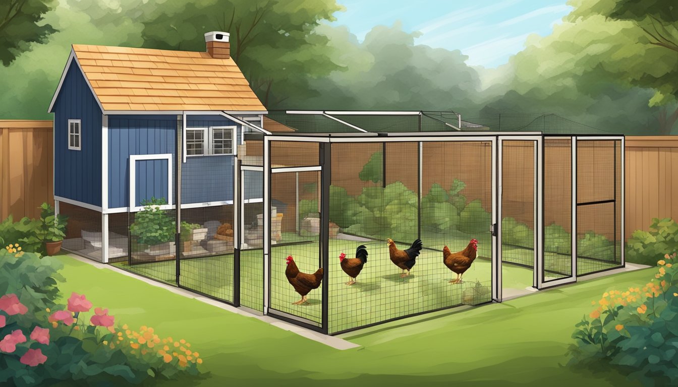 A backyard with a sturdy coop, nesting boxes, and a fenced area for urban chickens to roam freely