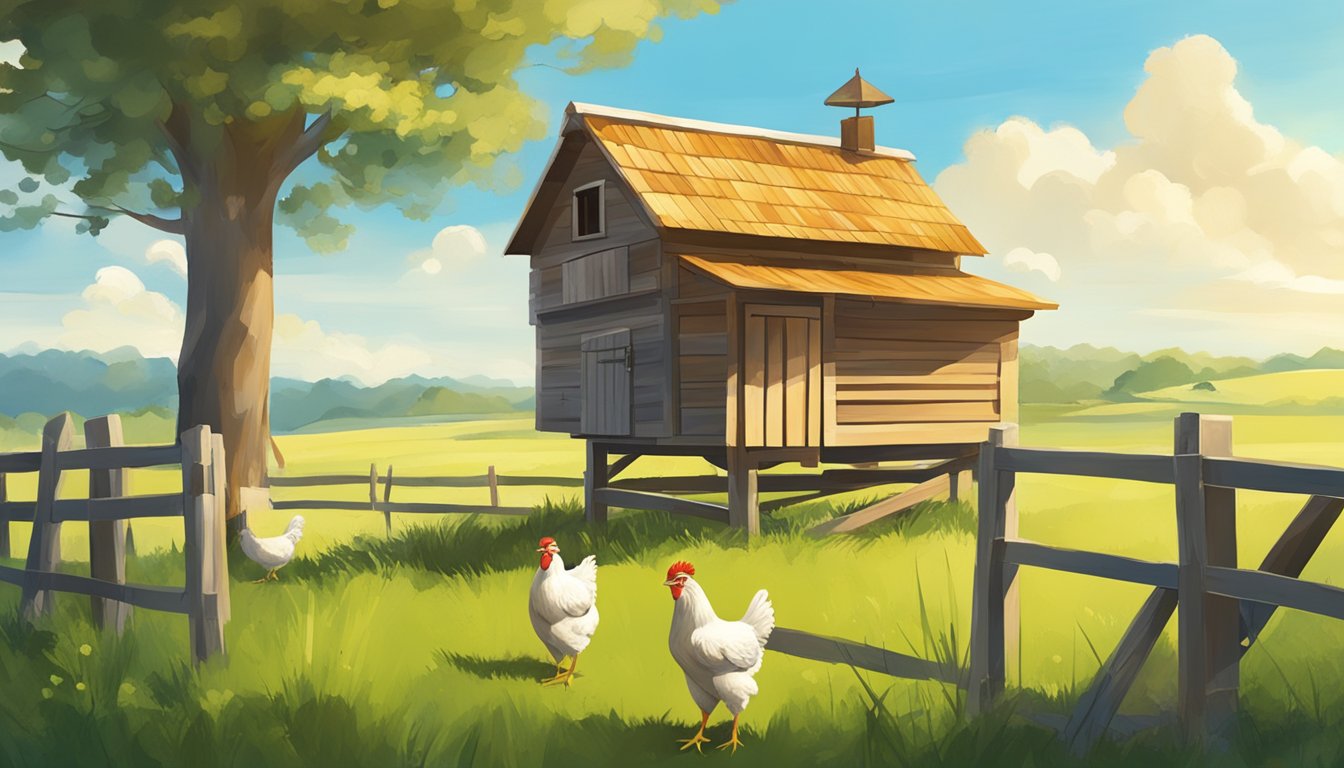 A sunny, rural setting with a small, rustic chicken coop surrounded by green pasture and a clear blue sky