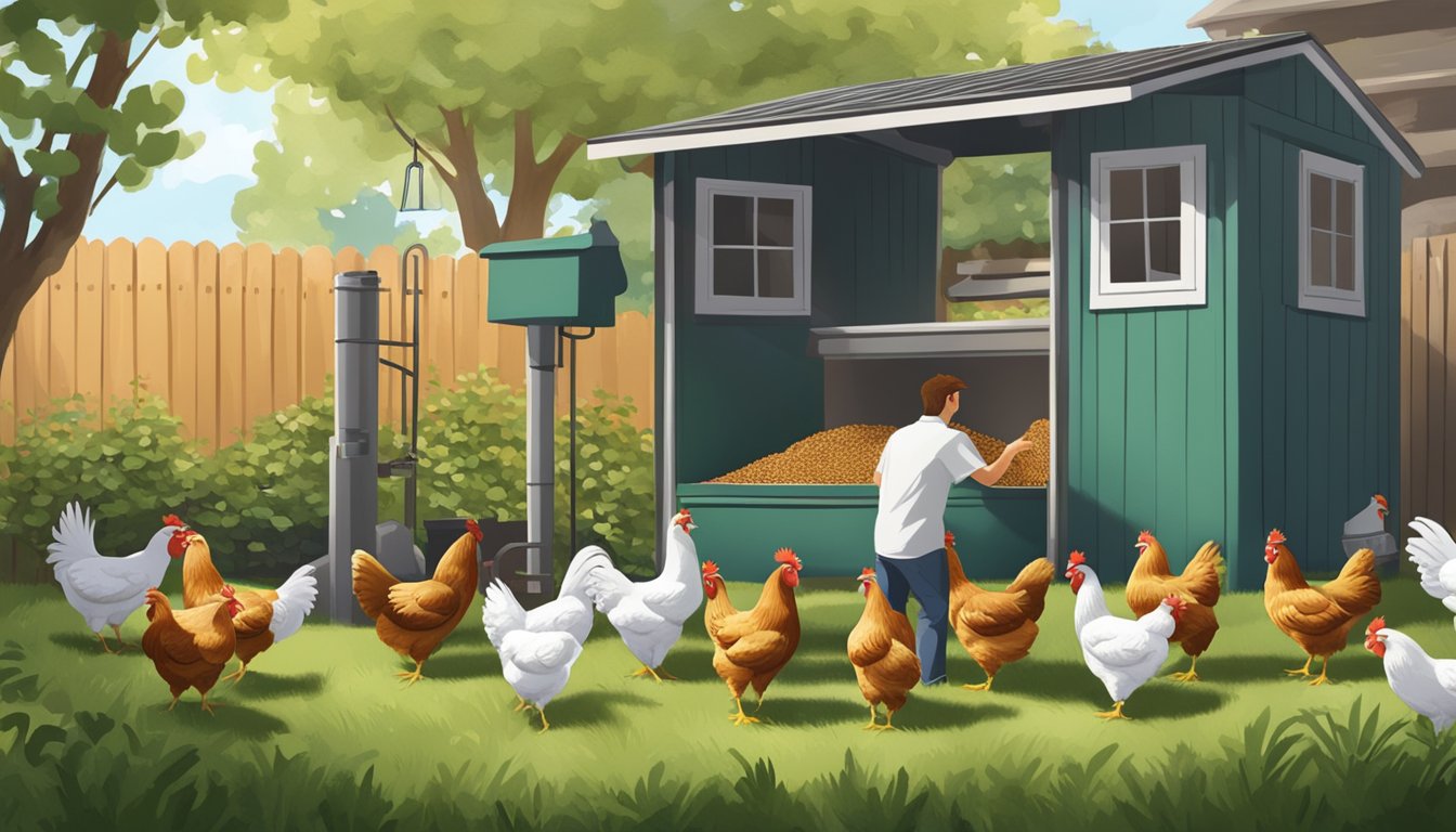 A person pouring a bag of quality feed into a chicken feeder, surrounded by a small urban chicken flock in a backyard setting