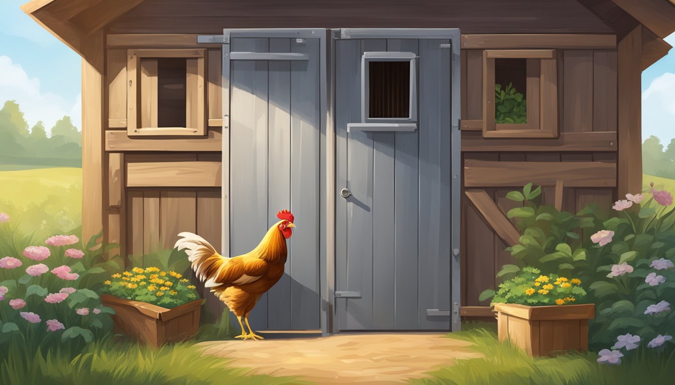 A sturdy, locked door on a wooden frame stands at the entrance to a spacious, well-ventilated chicken coop