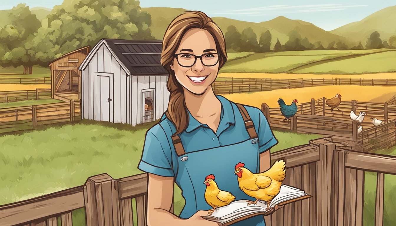 A person holding a book titled "Purchase Healthy Chicks: 10 Steps to Starting a Chicken Coop Business" with a background of a farm setting with chickens and coops