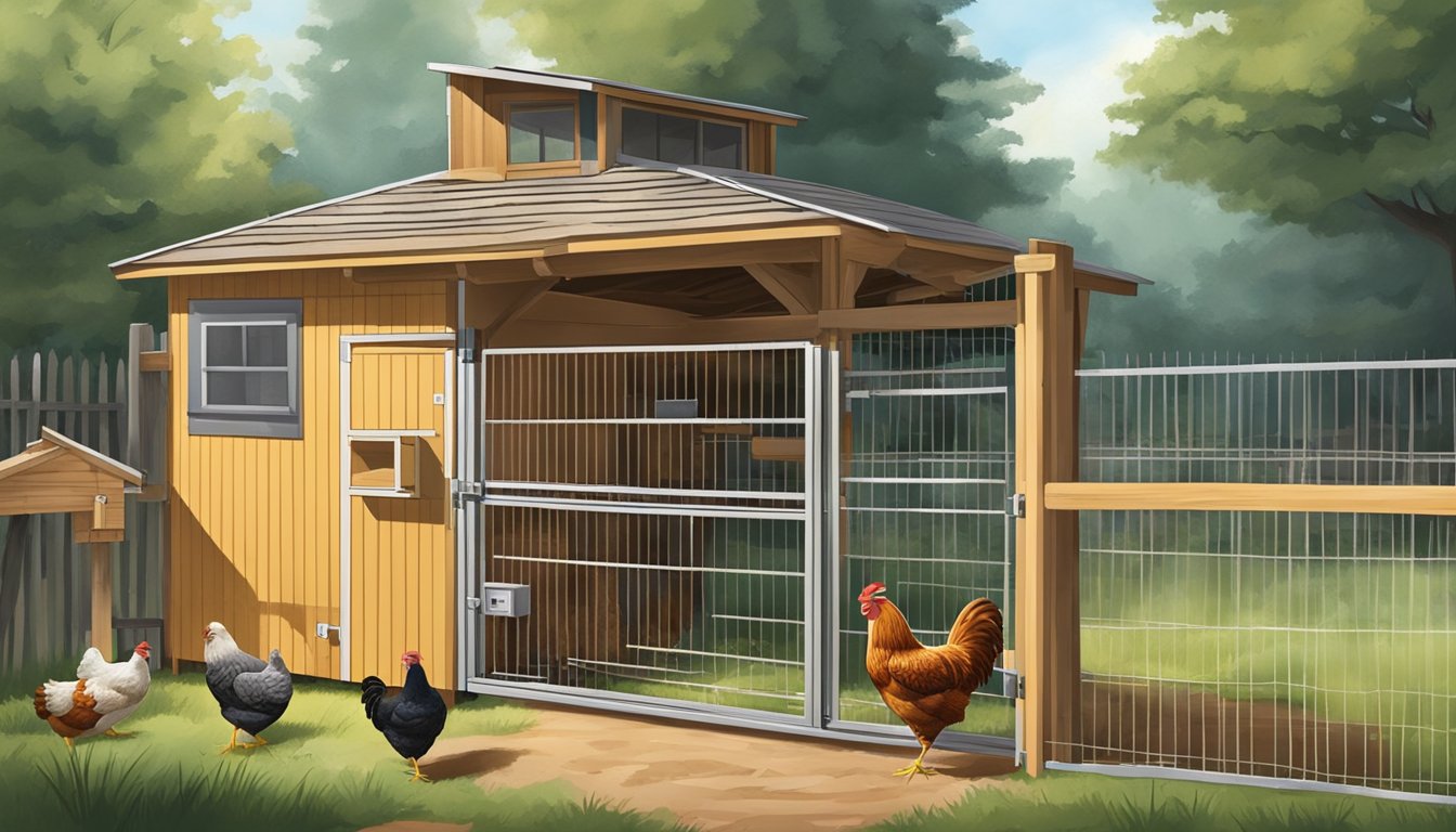 A person installing fencing, a locked gate, and security cameras around a chicken coop