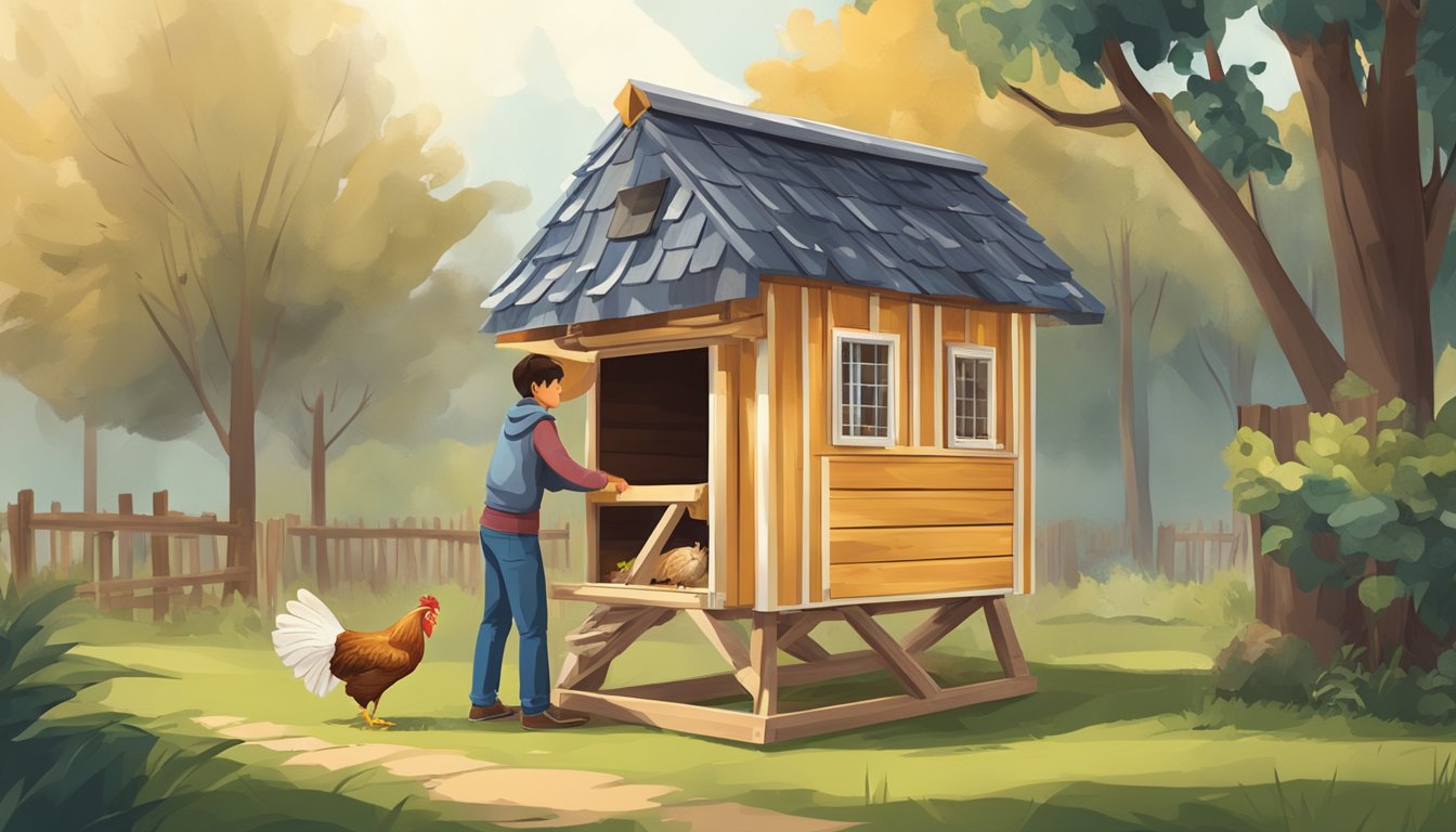 A person attaches a sturdy roof to a wooden chicken coop