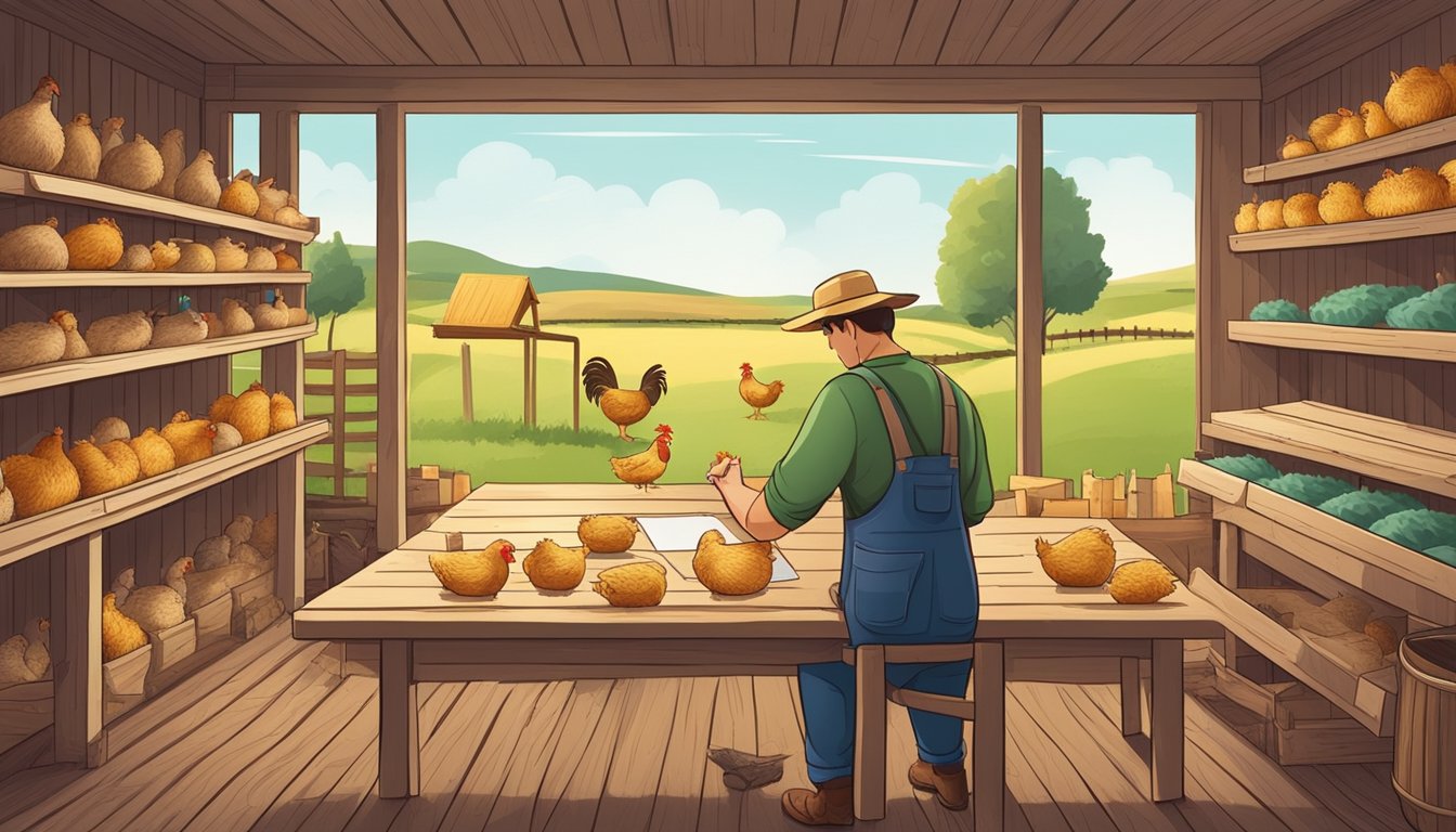 A farmer arranging pricing strategy steps for a chicken coop business on a wooden table surrounded by farm tools and a coop