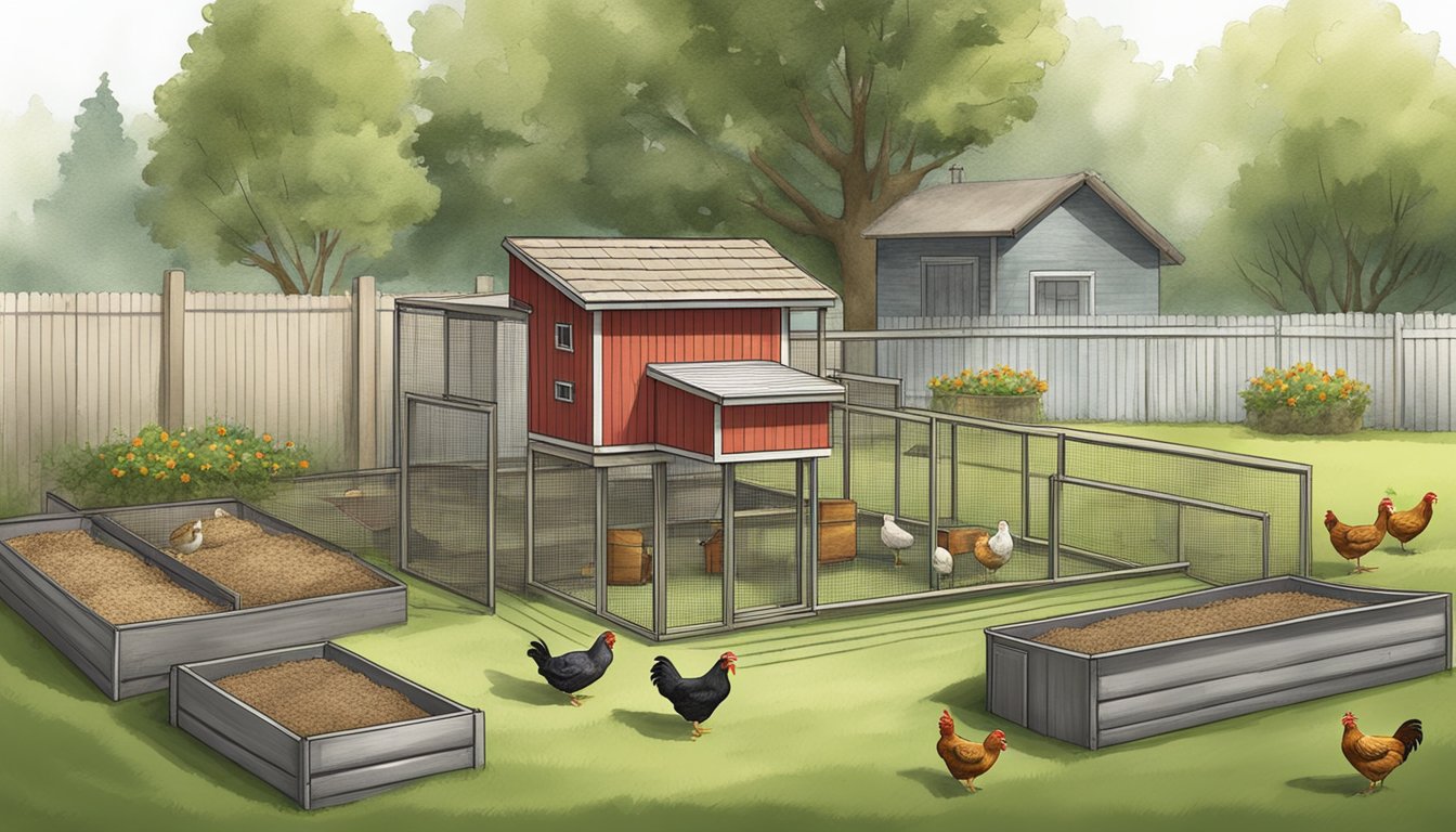 A backyard with a coop, nesting boxes, and a clean water source for urban chicken flock