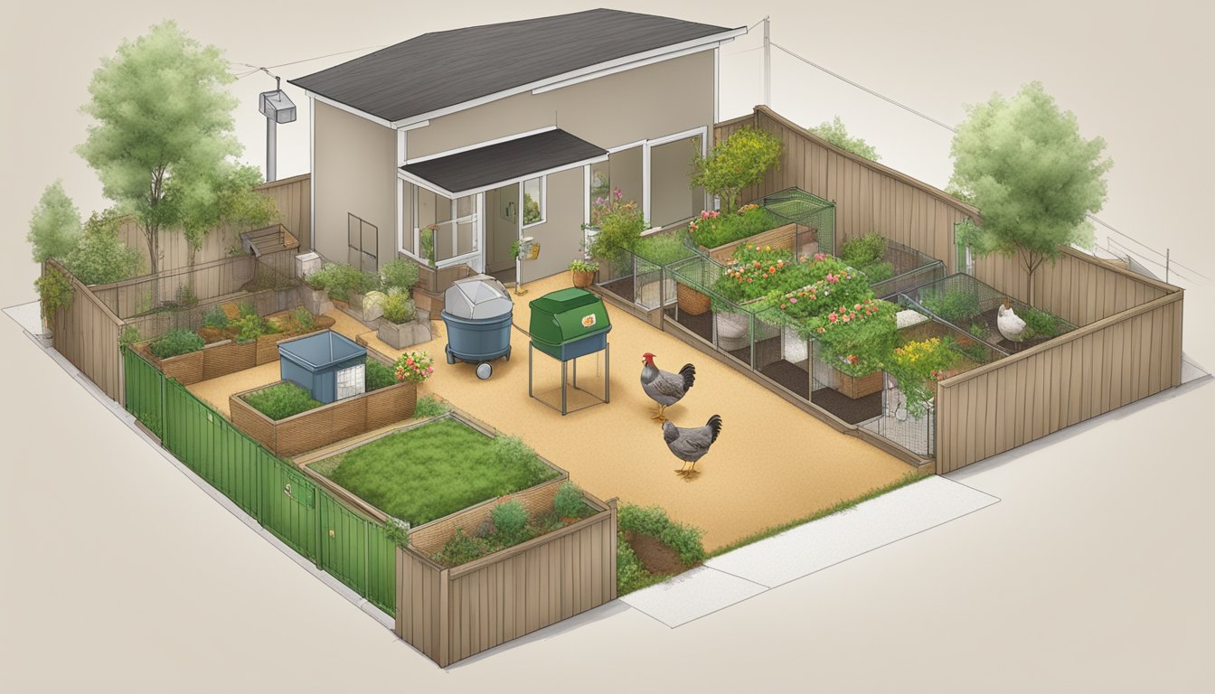 A backyard with 10 clear steps for starting an urban chicken flock, including waste management plan