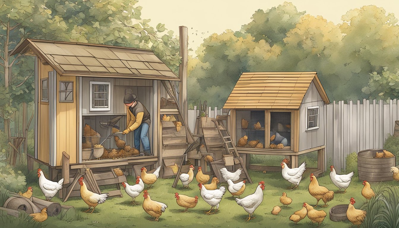 A person constructing a chicken coop, surrounded by tools, materials, and a small flock of chickens