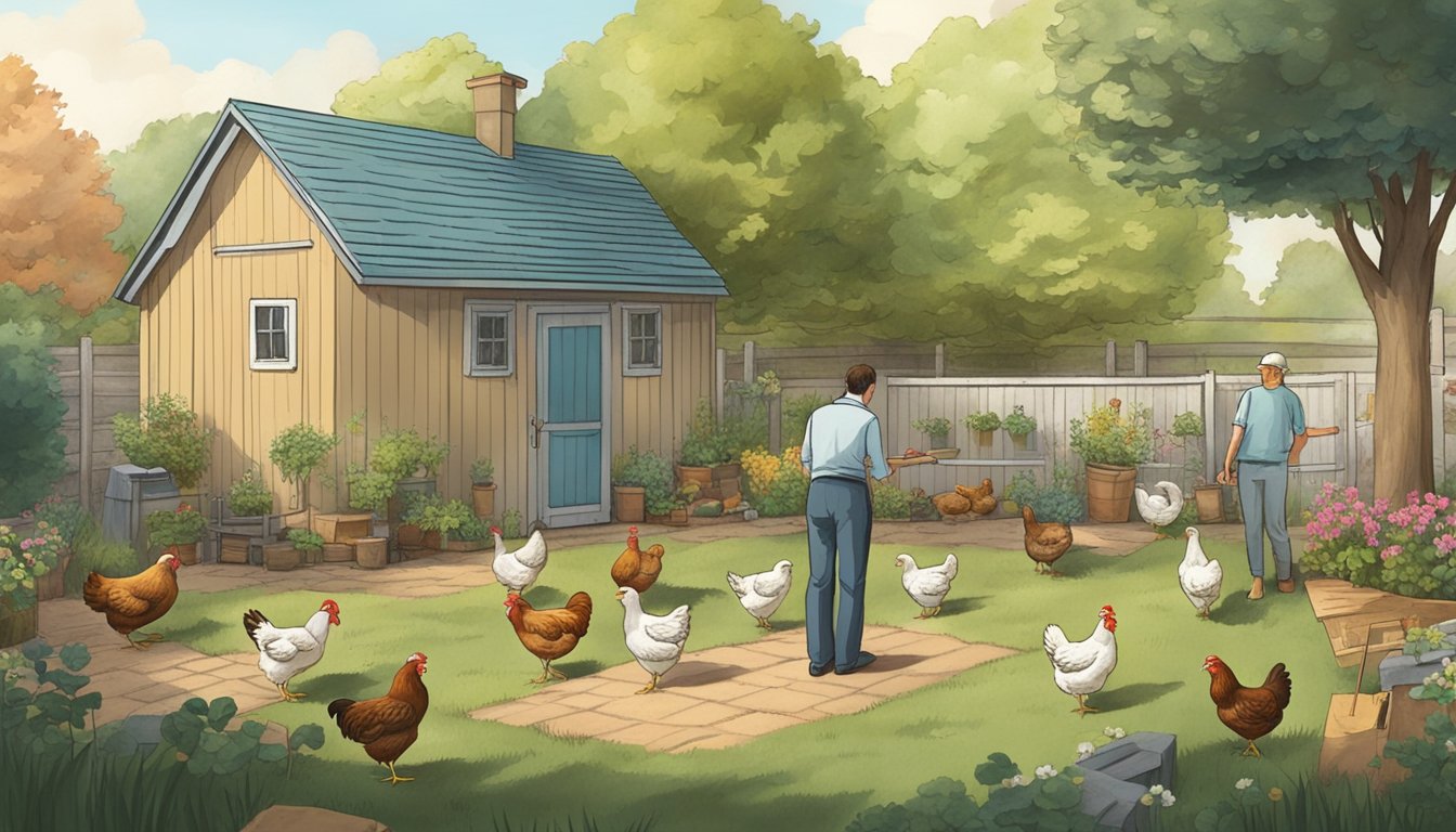 A backyard with a small coop, several chickens roaming freely, and a person checking their health with a clipboard and pen