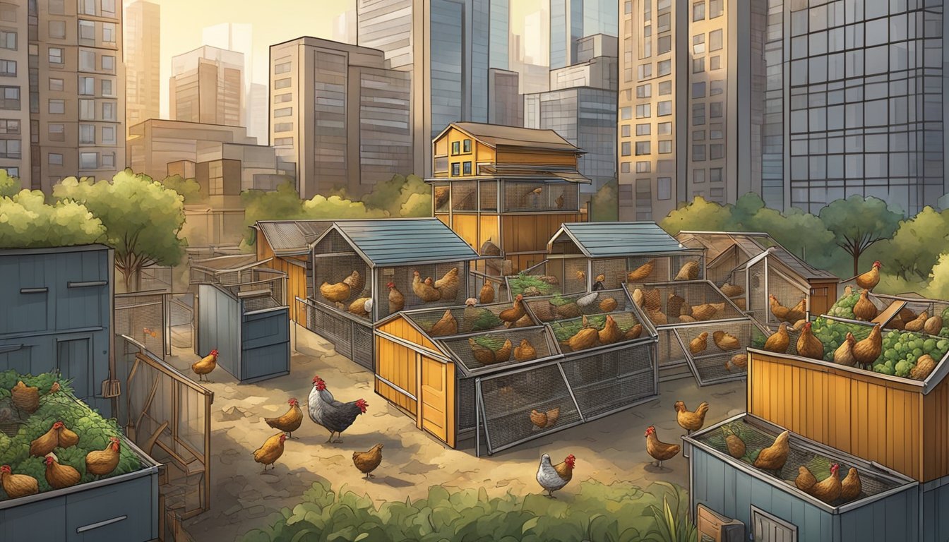 A bustling urban chicken coop with multiple hens, a small garden, and various coop structures, surrounded by tall city buildings