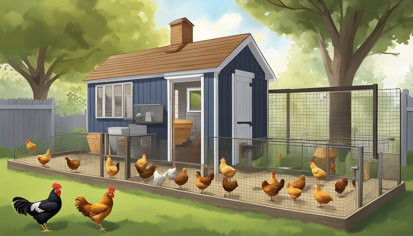 A backyard with a coop, feeders, waterers, and nesting boxes. A small flock of urban chickens roam freely, while the owner follows the 10 steps of pest control