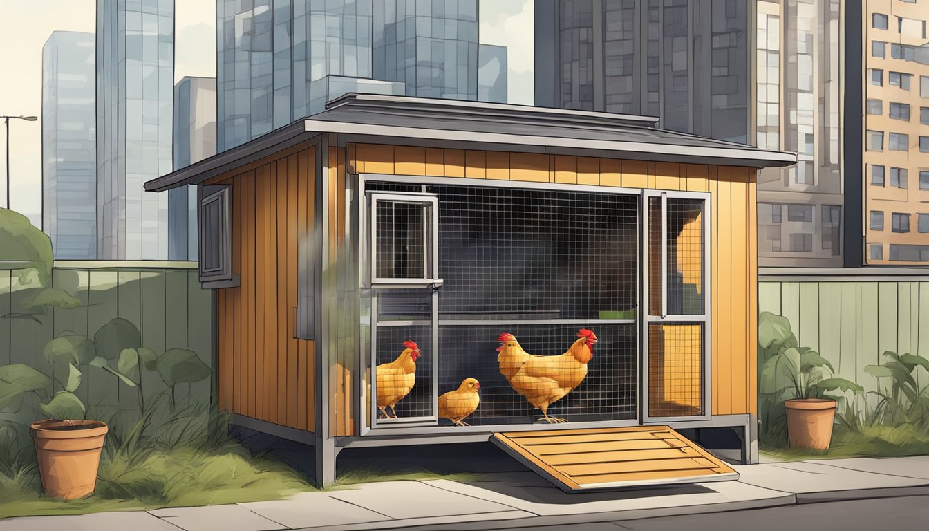 A small urban chicken coop with inadequate ventilation, surrounded by city buildings