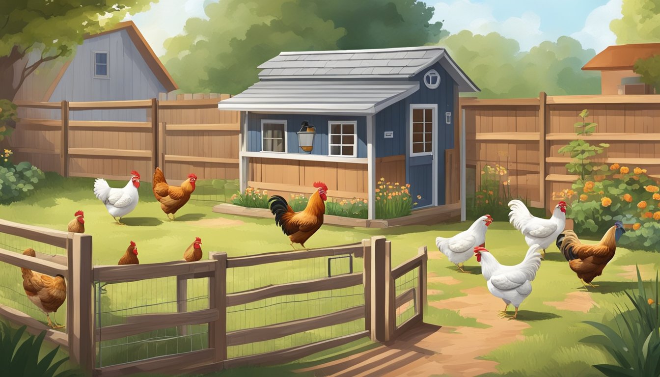 A backyard with a small coop, feeding and watering stations, a dust bath area, and a secure fence. Chickens roam freely