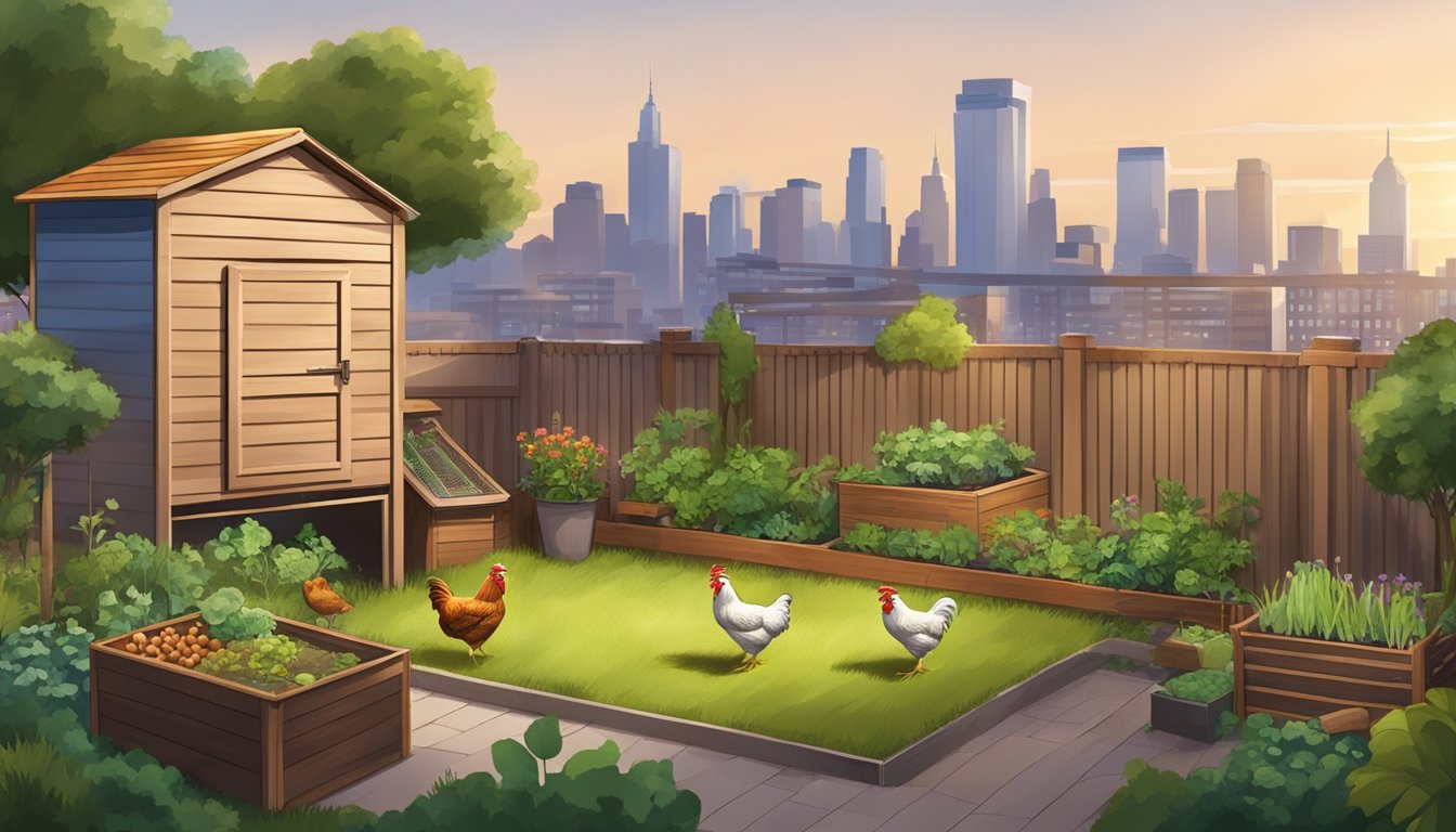 A small urban backyard with a chicken coop, vegetable garden, and compost bin. City skyline in the background