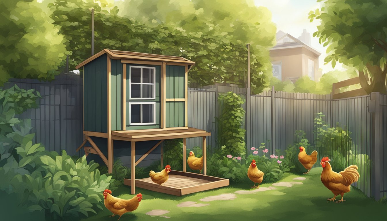 An urban backyard with a small chicken coop, surrounded by a fence and greenery