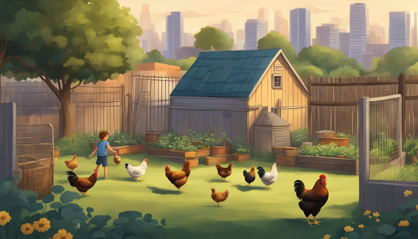 A backyard with a small coop, a fence, and a city skyline in the background. A person is tending to the chickens, checking their food and water