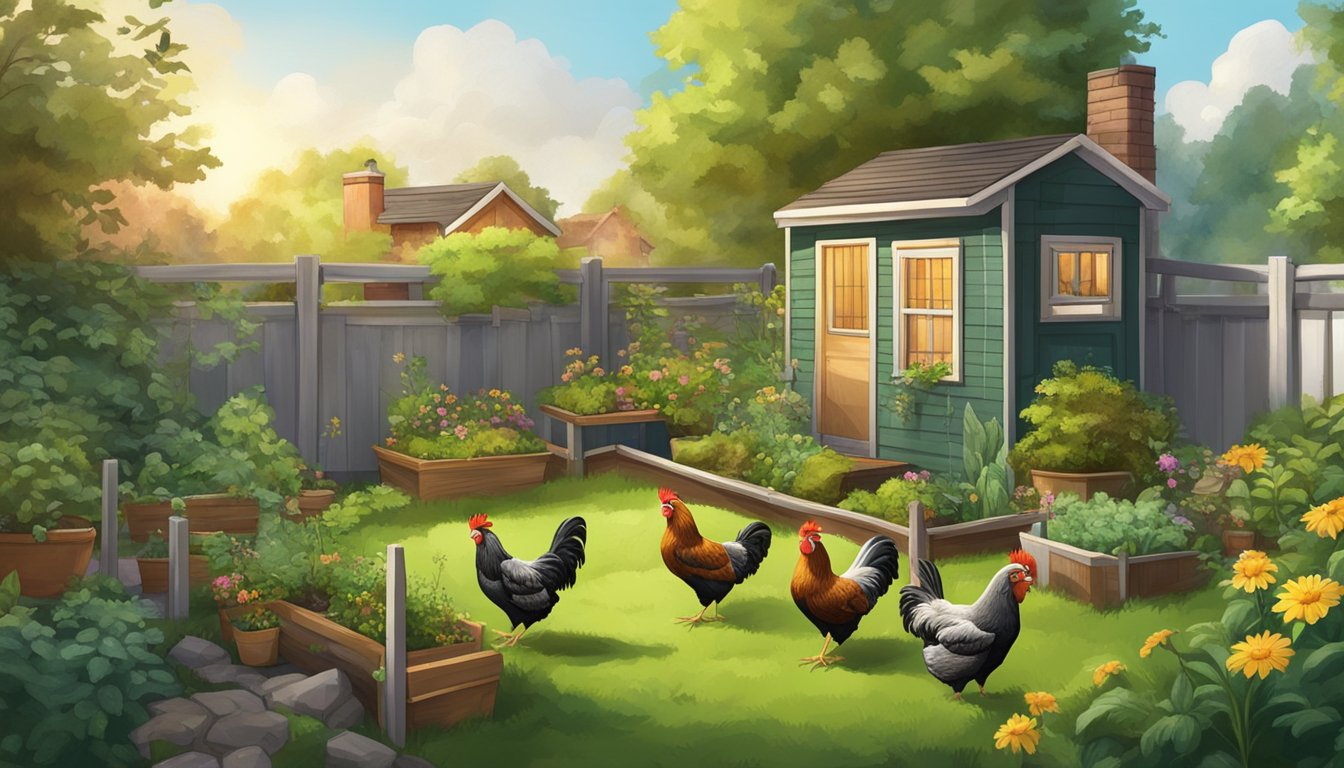 A backyard coop with chickens surrounded by a lush urban garden, while pests like rats and flies are kept at bay with proper pest control measures