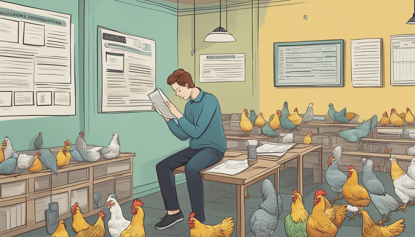 A person researching local regulations on urban chicken-keeping, surrounded by a checklist of 10 questions