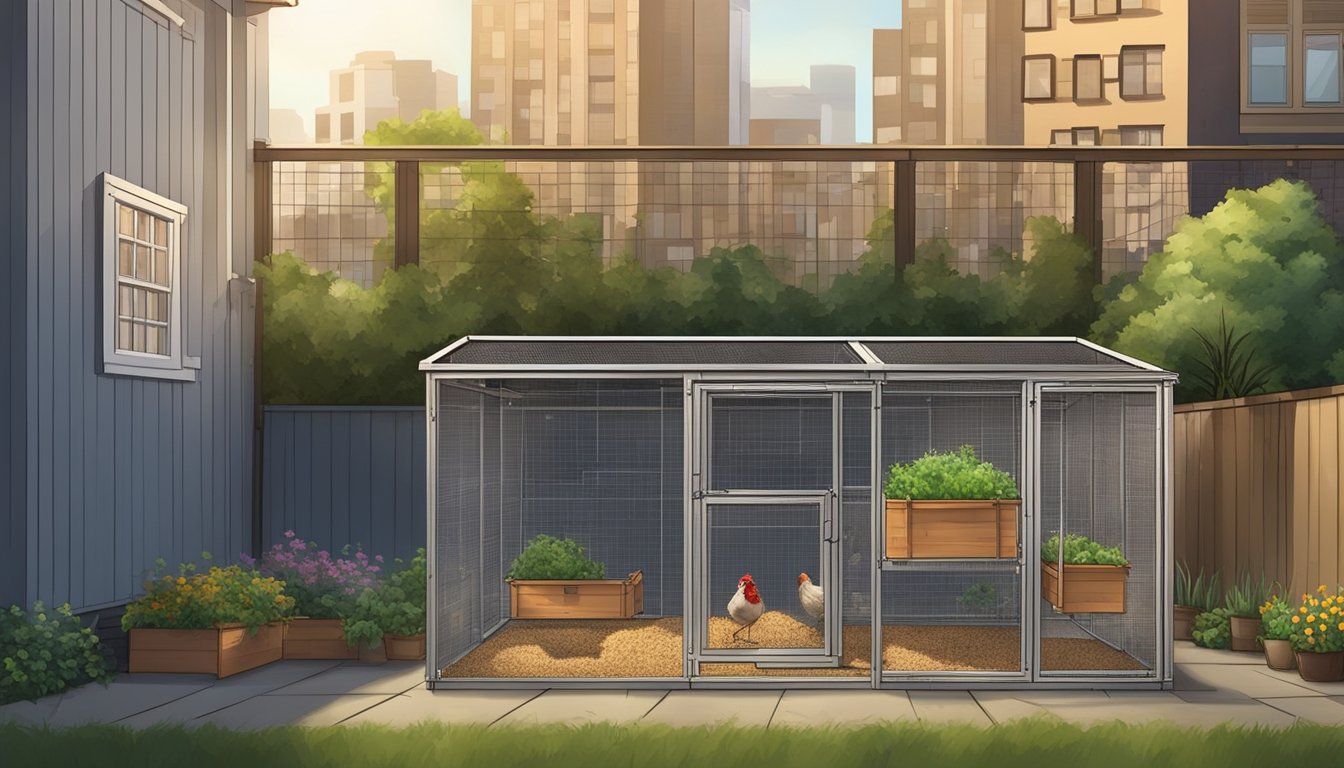 A backyard chicken coop with proper feed storage, including sealed containers and rodent-proof bins, surrounded by urban buildings