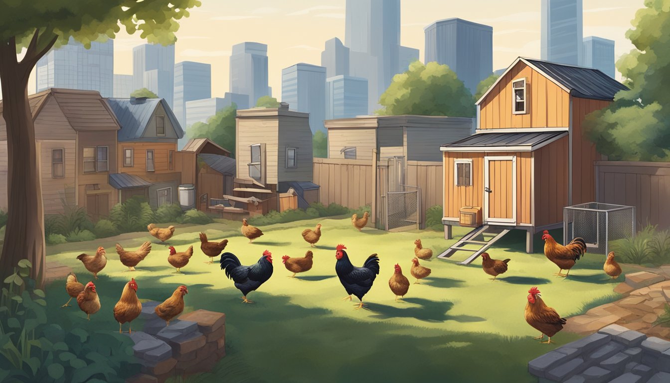 A cityscape with a small backyard chicken coop, surrounded by urban buildings and a few chickens pecking at the ground