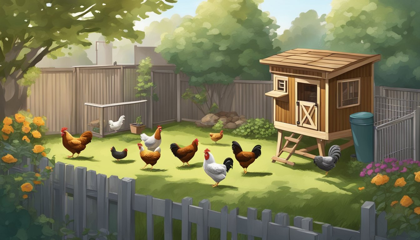 A small urban backyard with a cozy chicken coop, limited space, and a flock of chickens roaming around