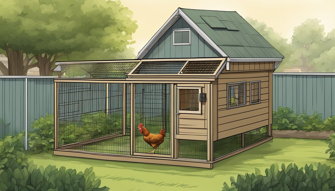 A backyard chicken coop with no roosting bars, surrounded by urban buildings and greenery