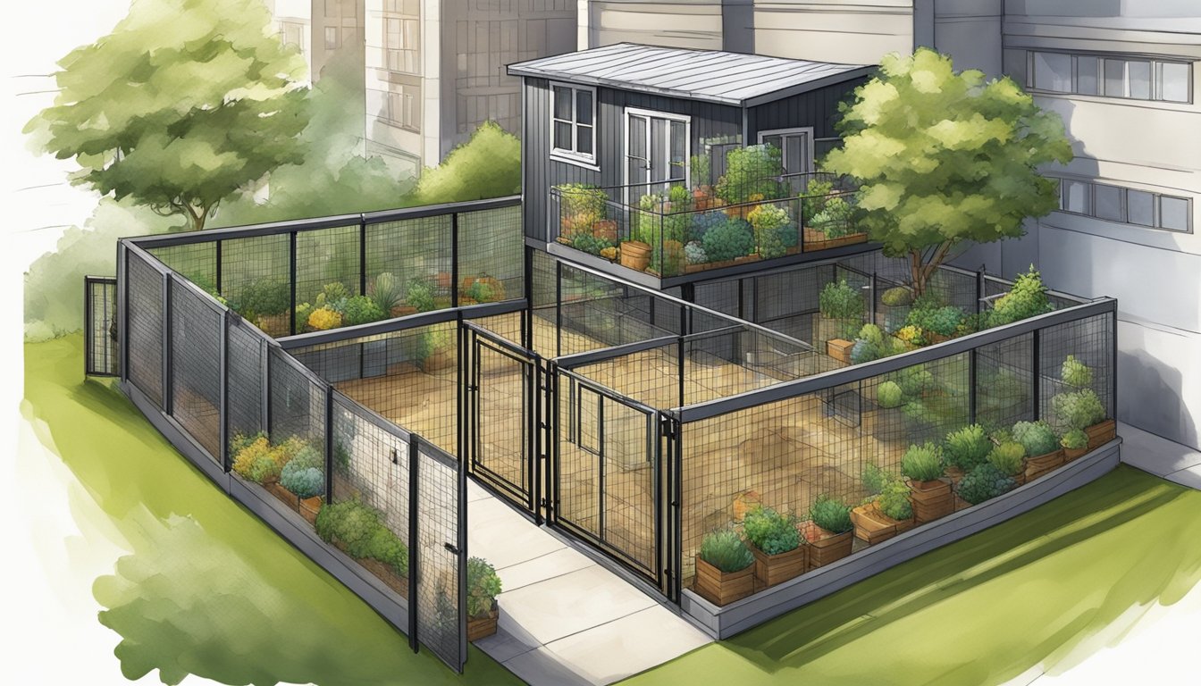 A backyard coop with secure fencing, elevated roosts, and a covered run, surrounded by urban buildings and greenery