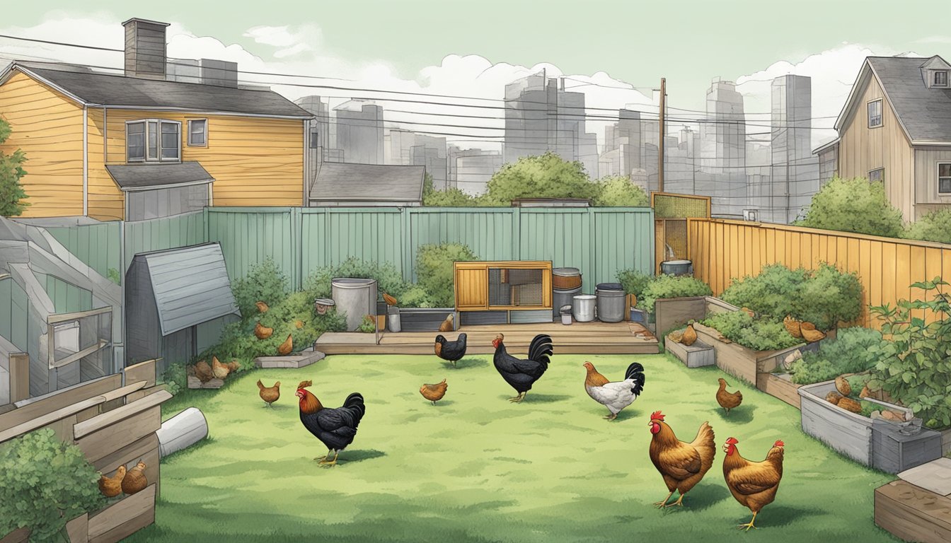 A city backyard with a coop, chickens, and urban surroundings, with noise and odor being underestimated