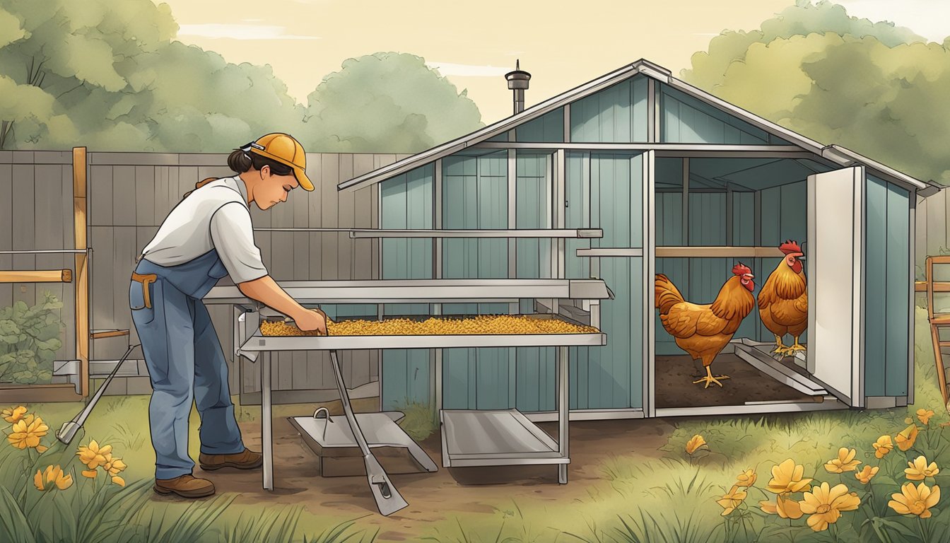 A person using tools to cut and shape metal sheets for a chicken coop roof