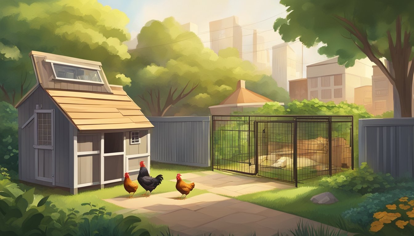 A backyard with a small chicken coop, surrounded by urban buildings and greenery. Chickens roam freely within a fenced area