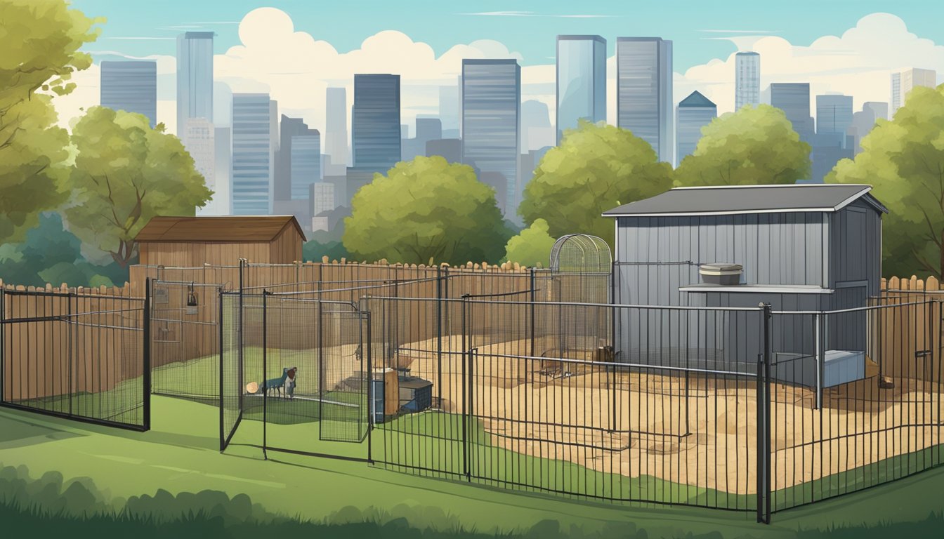 A backyard with a small coop, feed, waterers, and fencing. A city skyline in the background