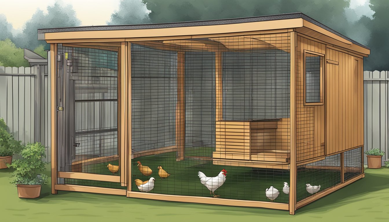 A cozy urban chicken coop with ample space, proper ventilation, secure fencing, and easy access for cleaning and egg collection