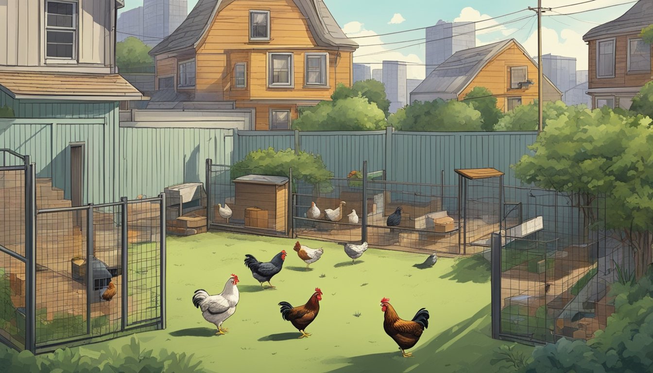 A backyard with a small coop and run, surrounded by urban buildings. Chickens pecking at the ground, while a person observes and asks questions