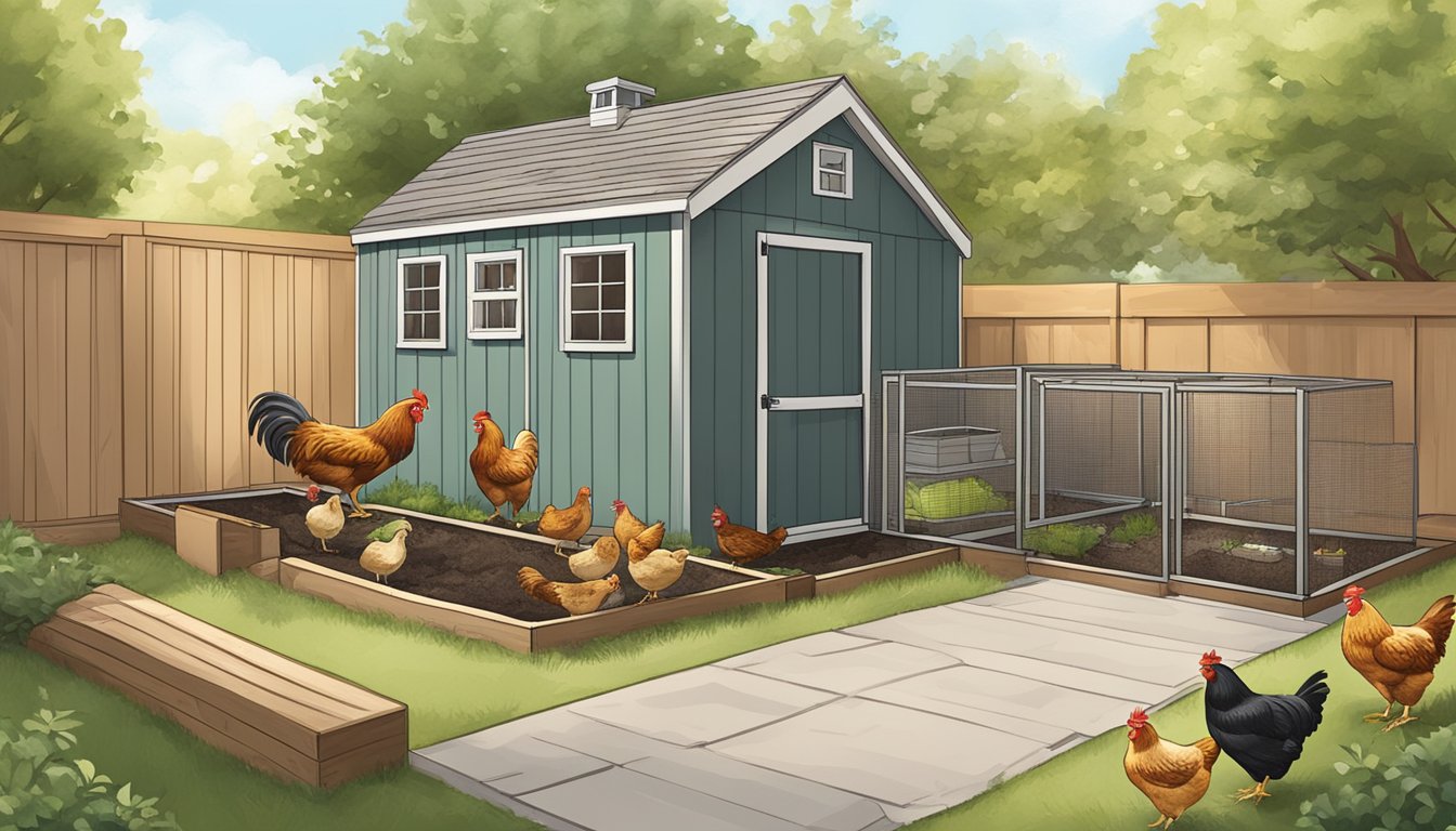 A city backyard with a coop, compost bin, and odor control measures. Chickens roam freely in a clean and organized space