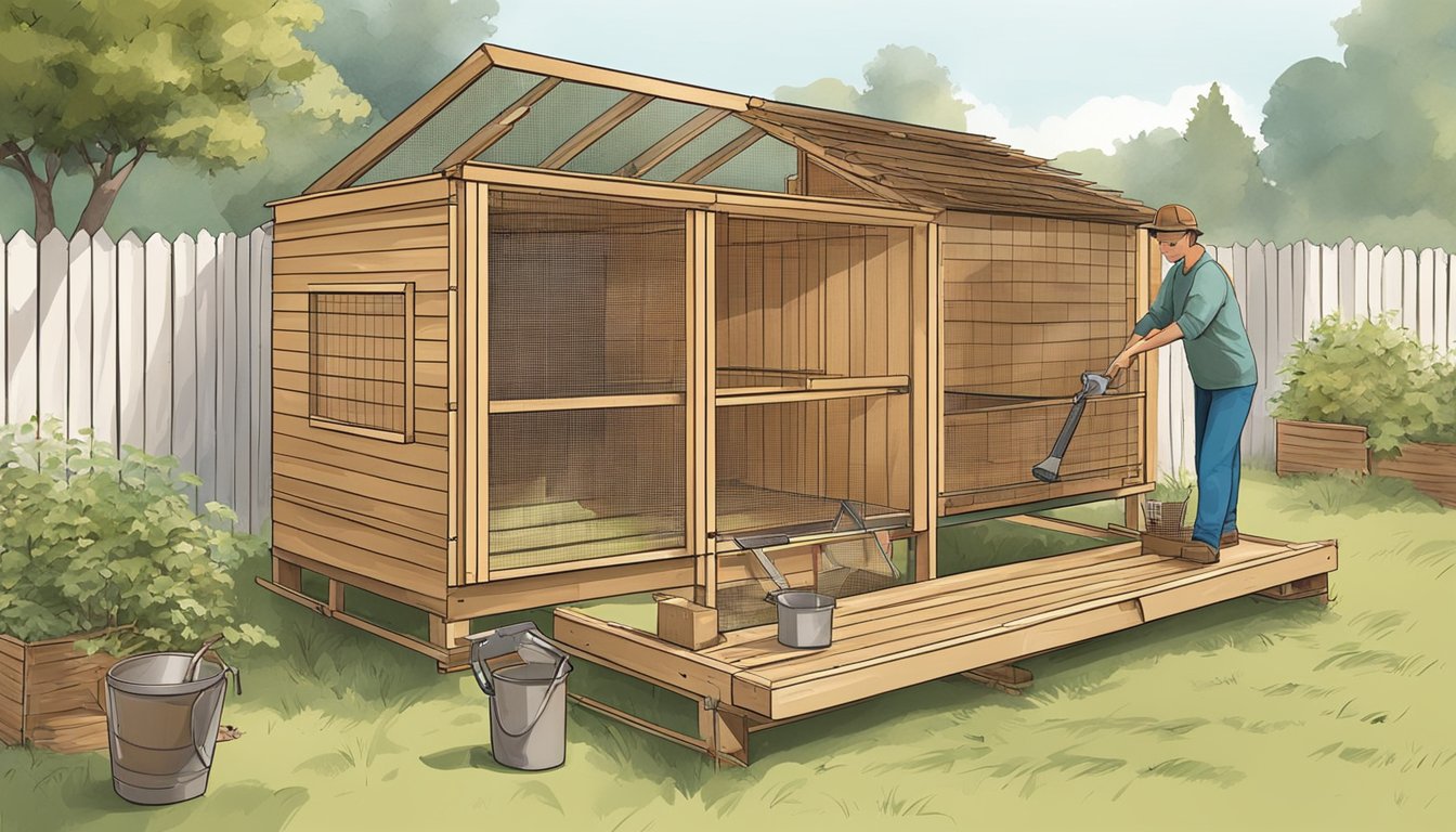 A person assembling a chicken coop from recycled materials, using tools and following a step-by-step guide