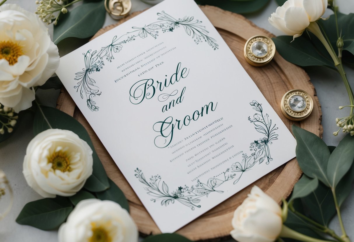 A wedding invitation with elegant script, featuring the names of the bride and groom, surrounded by floral and ornate designs