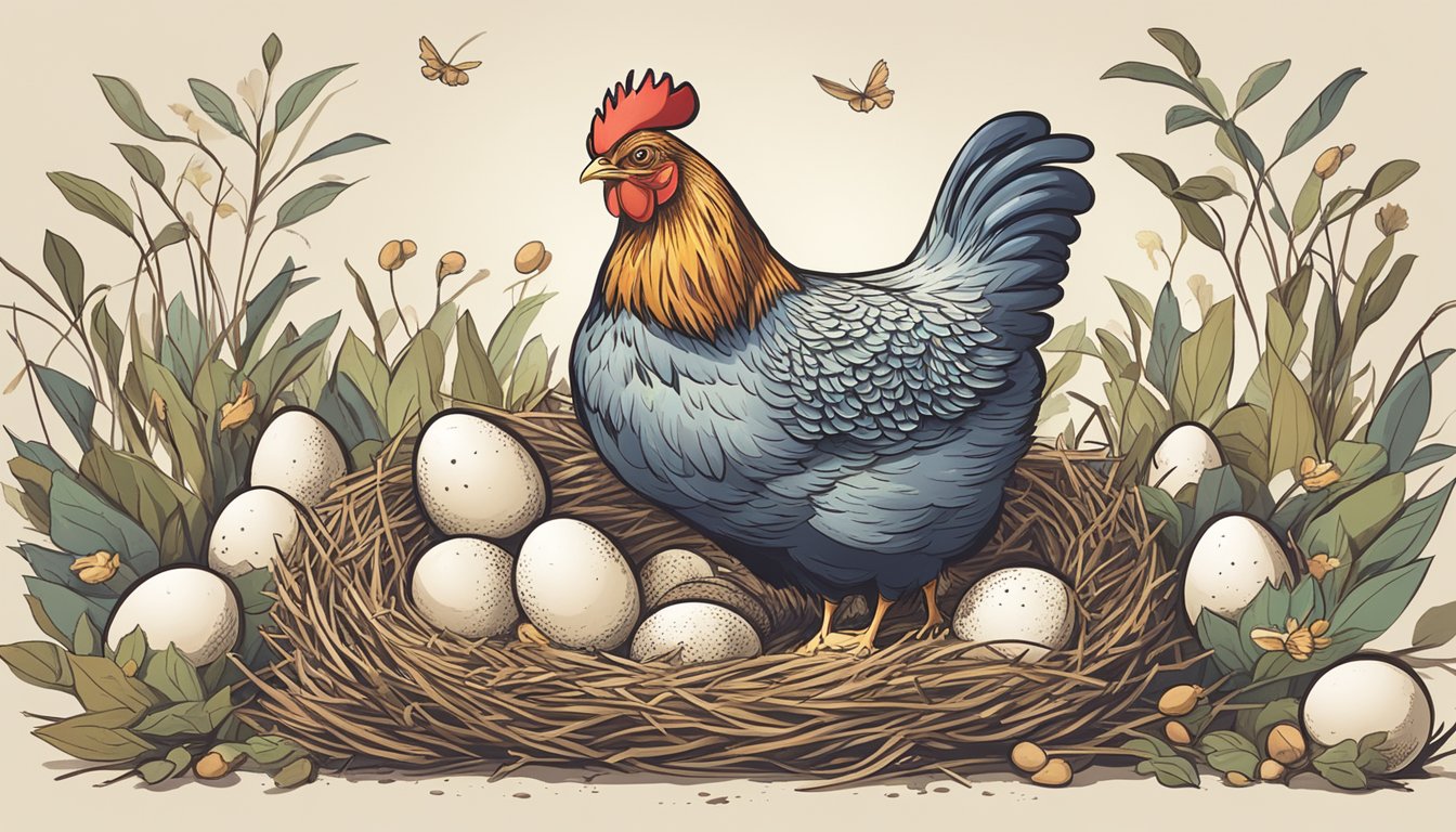 A hen surrounded by a dozen eggs in a nest, with a sign listing "10 fun facts about chicken eggs" nearby