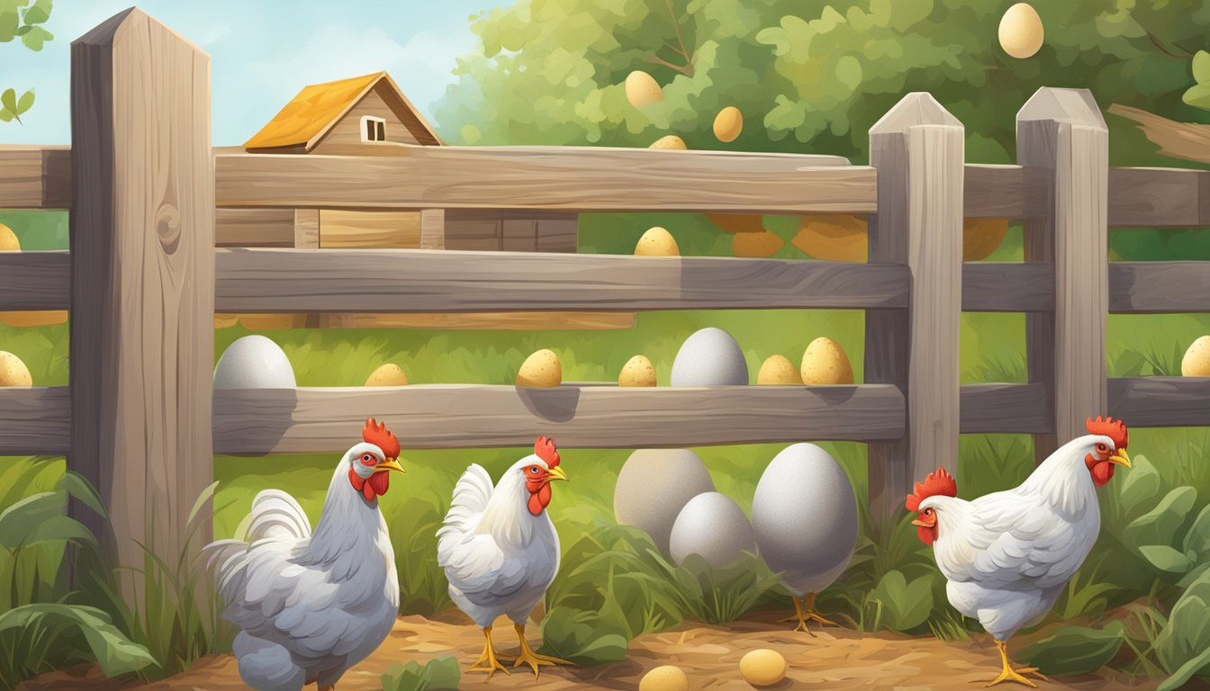 A chicken roosts on a wooden fence, surrounded by a dozen freshly laid eggs, while a small calendar hangs nearby, marked with different egg-laying cycles