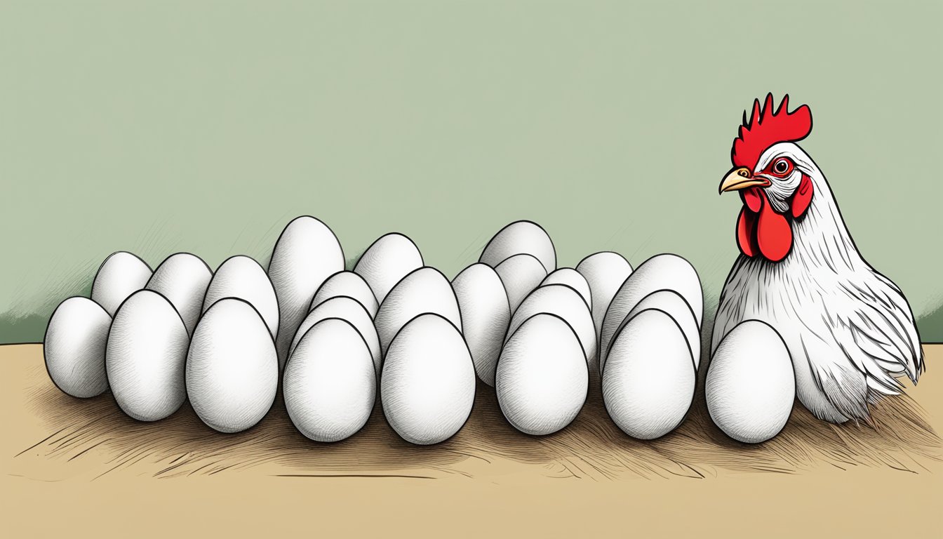 A chicken proudly stands next to a row of seven freshly laid eggs, with a sign nearby listing "10 fun facts about chickens."