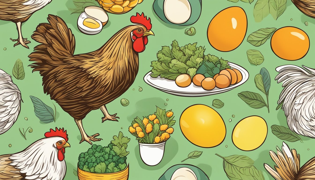 A hen pecking at a variety of colorful foods, including green, yellow, and orange items, with a collection of eggs nearby