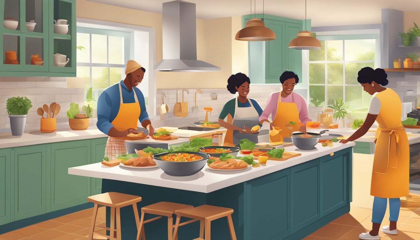 A colorful kitchen scene with a variety of chicken dishes being prepared and enjoyed by a diverse family