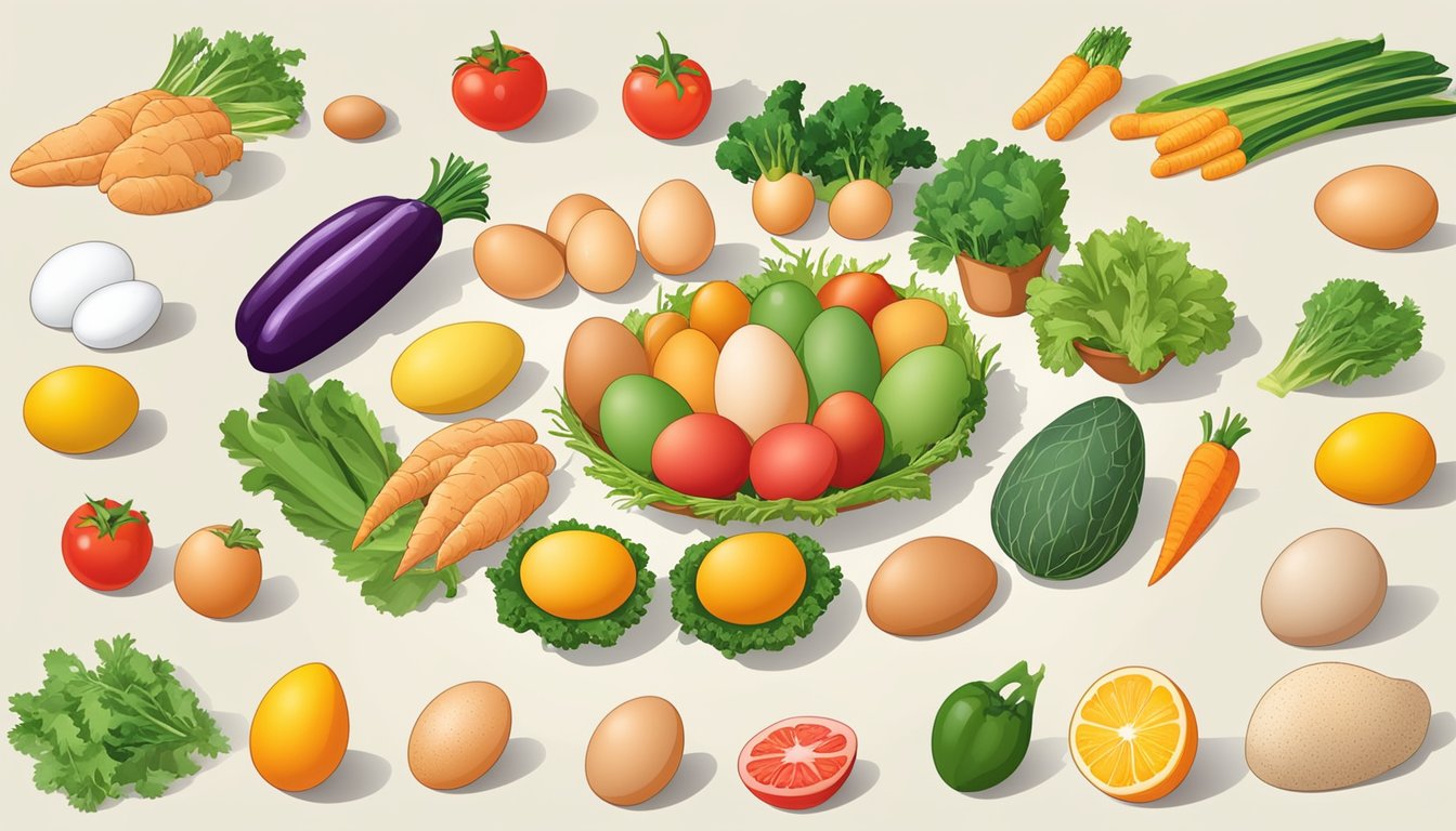 A dozen chicken eggs arranged in a circle, with a variety of colorful vegetables and fruits surrounding them, showcasing the nutritional value and fun facts about eggs