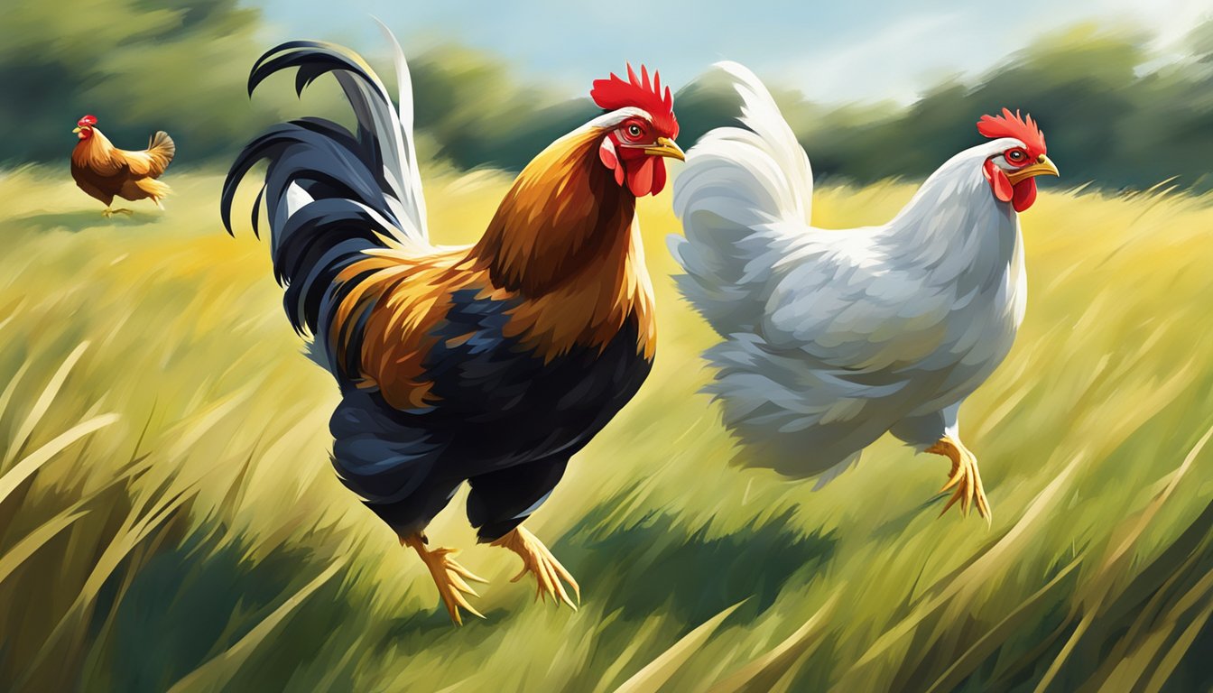 A group of chickens sprinting across a grassy field, their feathers ruffling in the wind as they reach speeds of up to 9 miles per hour