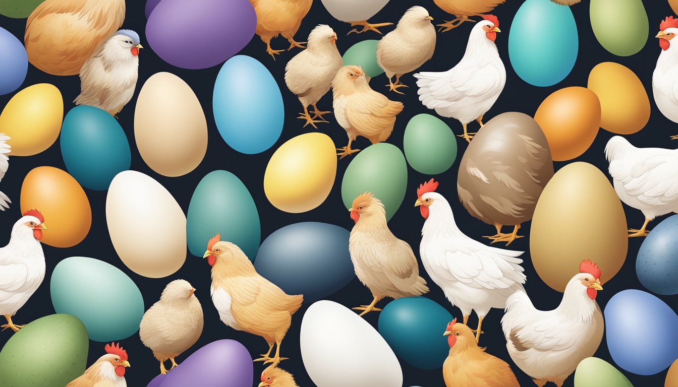 A colorful variety of eggs surrounded by different breeds of chickens, showcasing the genetic influence on egg color