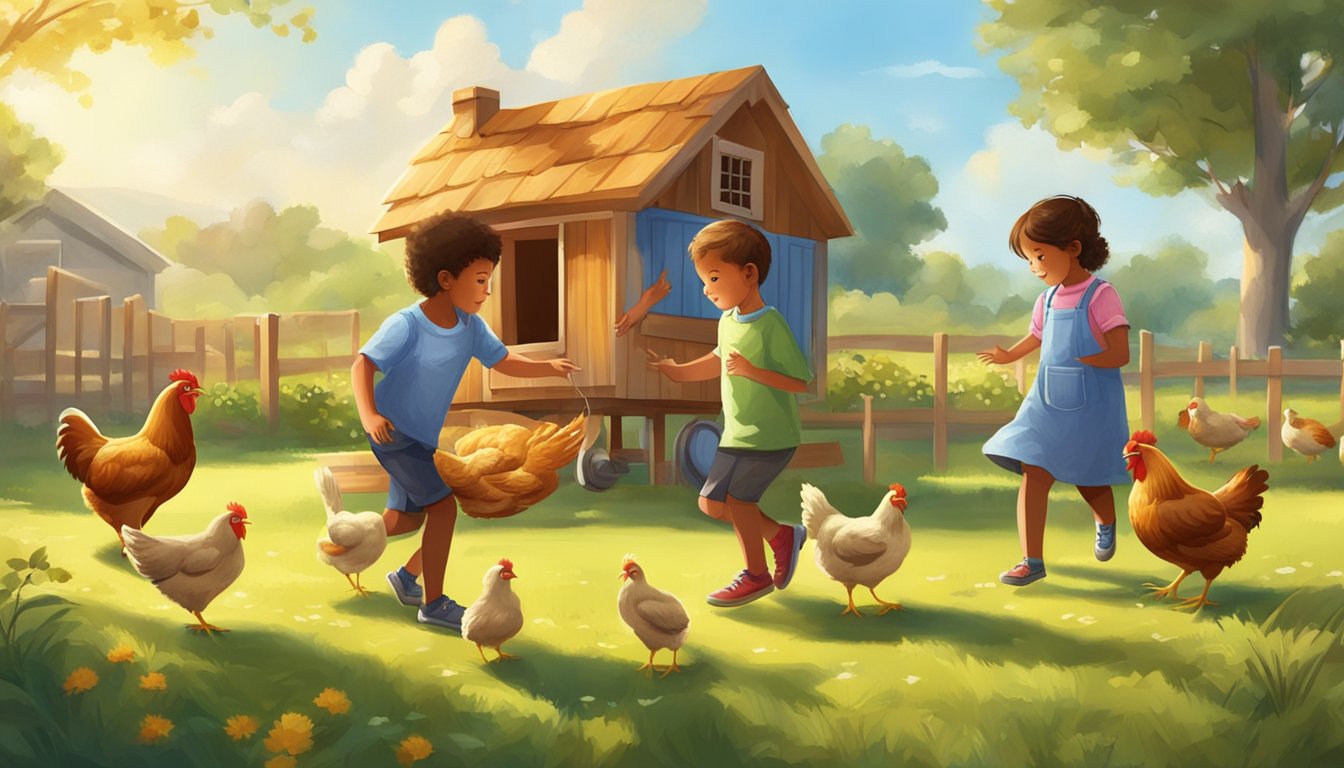 A group of children play chicken-themed games in a sunny, grassy yard with a colorful hen coop in the background