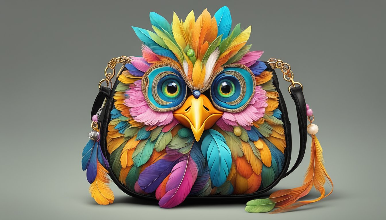 A vibrant, whimsical purse shaped like a plump chicken, with colorful feathers and beady eyes, nestled among other chicken-themed gifts